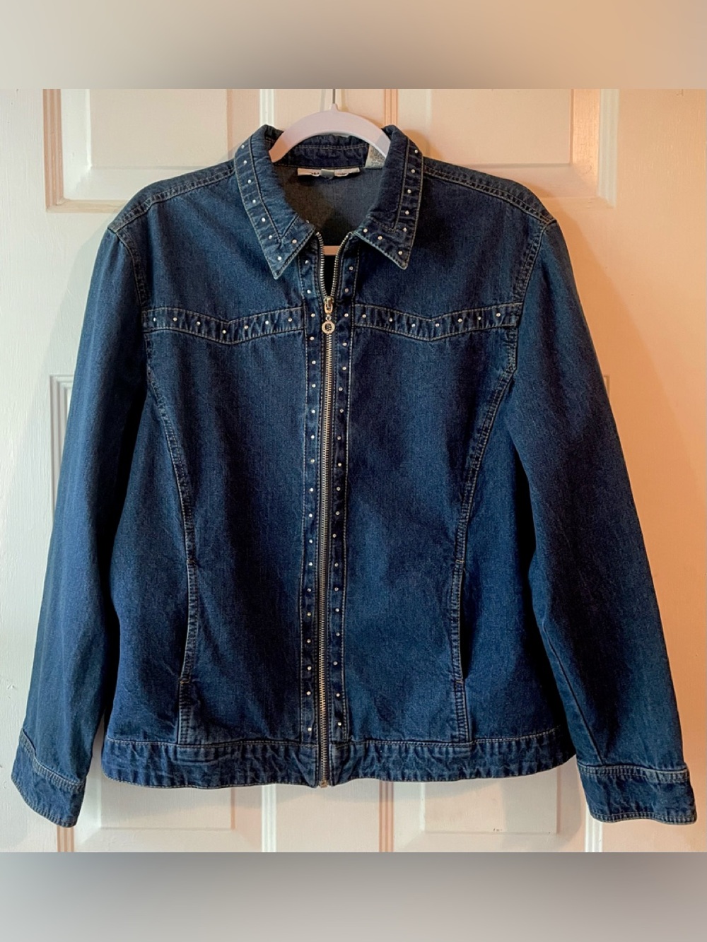 Cathy Daniels Blue Denim Clear Rhinestone Embellished Zip Front Jean Jacket XL